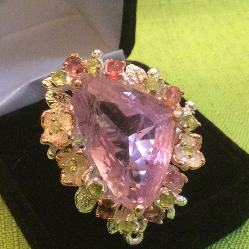 Magnificent Huge Genuine Kunzite & Tourmaline Ring, Rare Dreamscape Facet - Picture 6 of 12